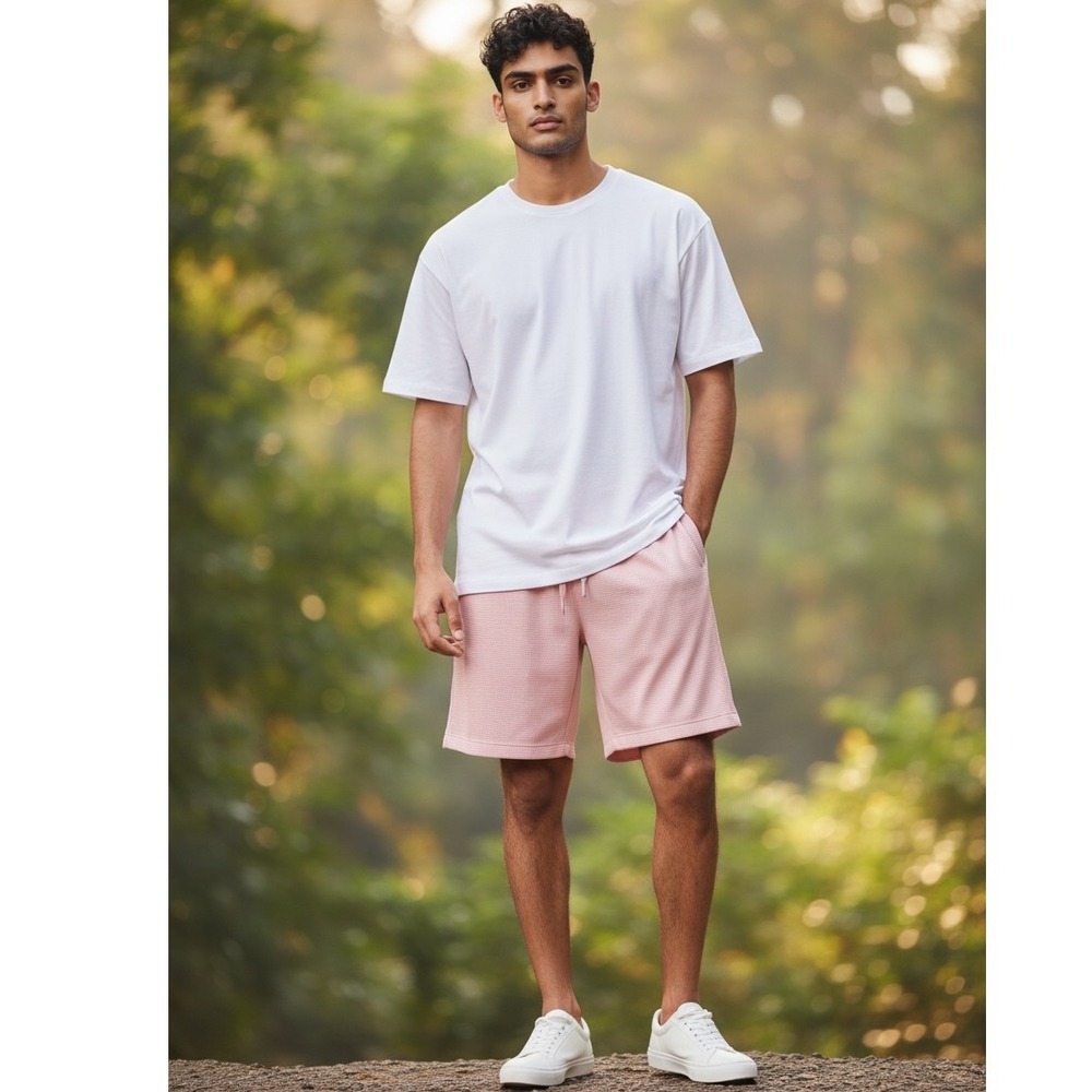 Amongst Others Mens Pink Waffle Knit Drawstring Gym Sweat Shorts Loungewear M - Picture 10 of 11